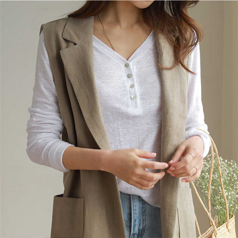 M-2XL Single-breasted Loose Simple Vest Jacket White Autumn Spring Sleeveless Suit Waistcoat Linen Long Coat Female QEN009 210819