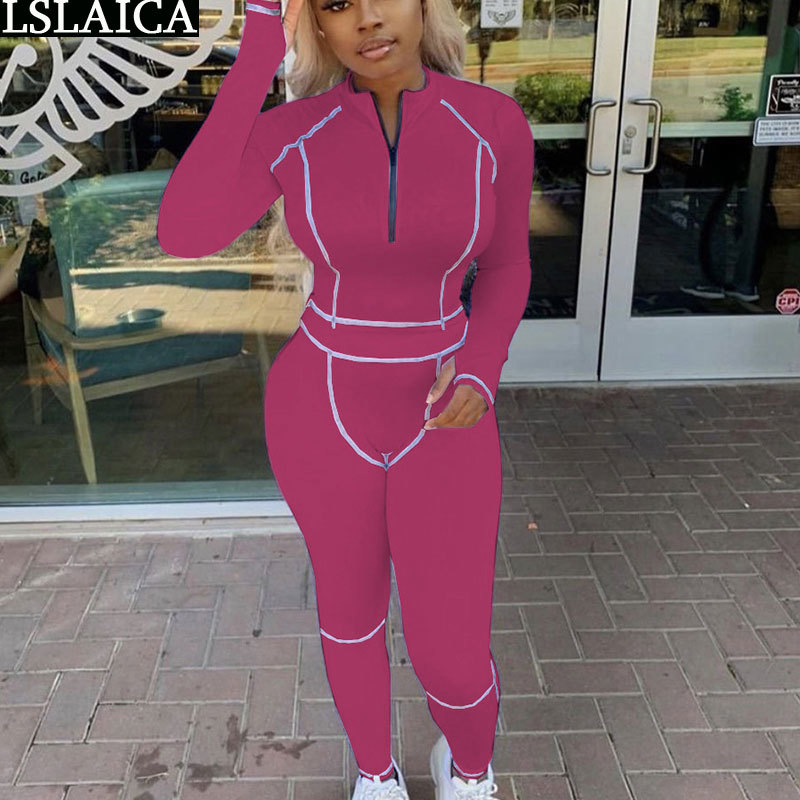 Two Piece Outfits for Women Long Sleeve Zipper Crop Top Pants Female 2 Peice Sets Casual Skinny Sportswear Conjuntos De Mujer 210515