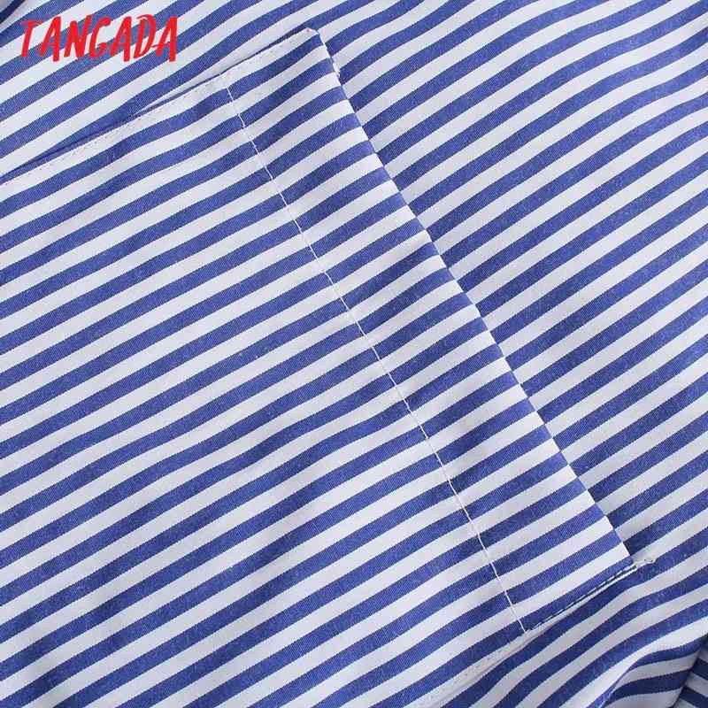 Women Retro Blue Striped Crop Turn Down Collar Chic Female Shirt Tops 4M07 210416