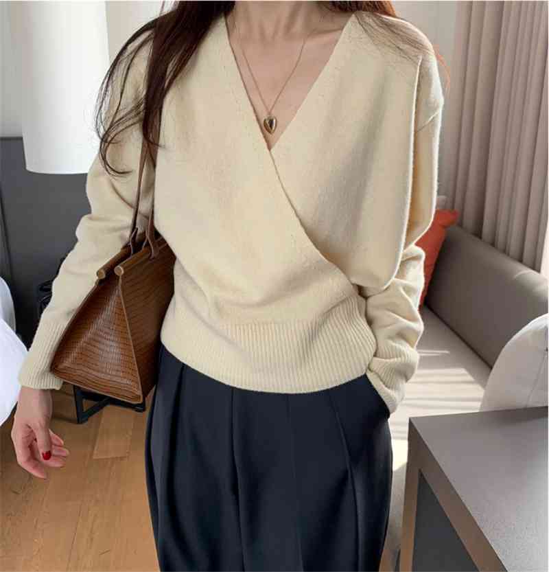 Autumn Winter Elegant Sweater Office Lady Work Pullovers V-Neck Long Sleeve Loose Knitted Sweaters Women's Tops 210421
