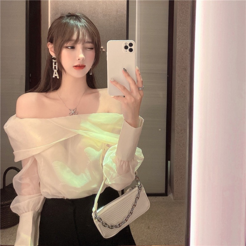 Slash Neck Long Sleeve Shirt Women Elegant Off Shoulder Korean Chic Blouse See Through All-match Tops Blusas Mujer 210519