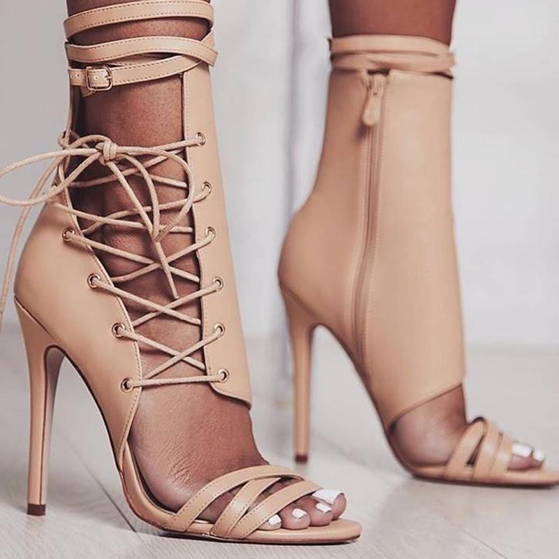 Robe Chaussures Boussac Sexy Gladiator Femmes Pumps High Talons Peeep Toe Toe Cross-attaque 12cm Mince Heel Party SWC0013