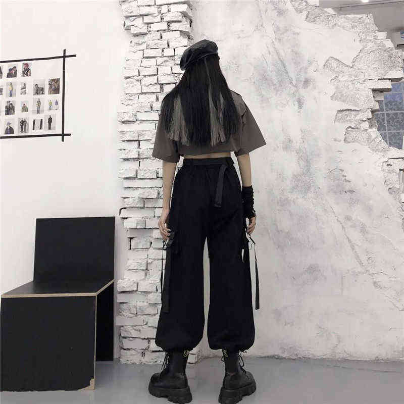 HOUZHOU Gothic Streetwear Women's Cargo Pants with Chain Punk Techwear Black Oversize Korean Fashion Wide Leg Trousers Alt 211115