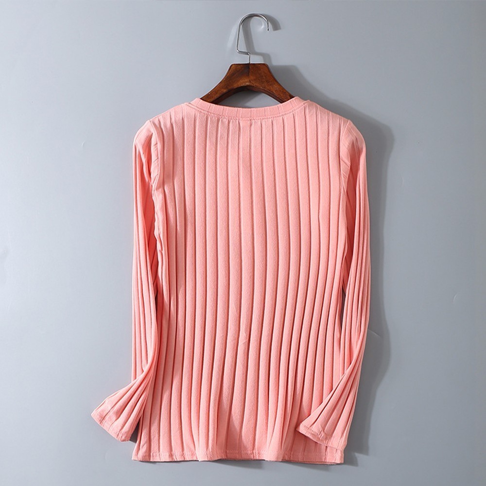 Women Autumn Long Sleeve Ribbed Striped Elastic Blouse Casual Solid Basic Tops Vintage Cotton Knitted Tee Shirt 210428