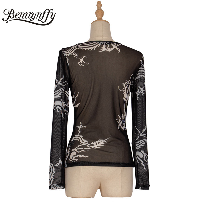 Sexy See Through Crew Neck Long Sleeve T-Shirt Women Harajuku Streetwear Dragon Print Ladies Slim Fit Stretch Tops 210510