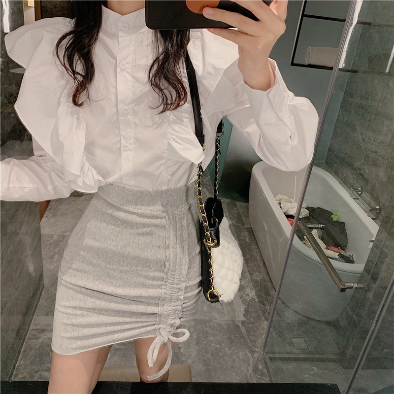 Nomikuma Women Blouse Korean Ruffle Patchwork Stand Neck Shirts Autumn New Long Sleeve Sweet Femme Blusas Mujer 6D145 210427