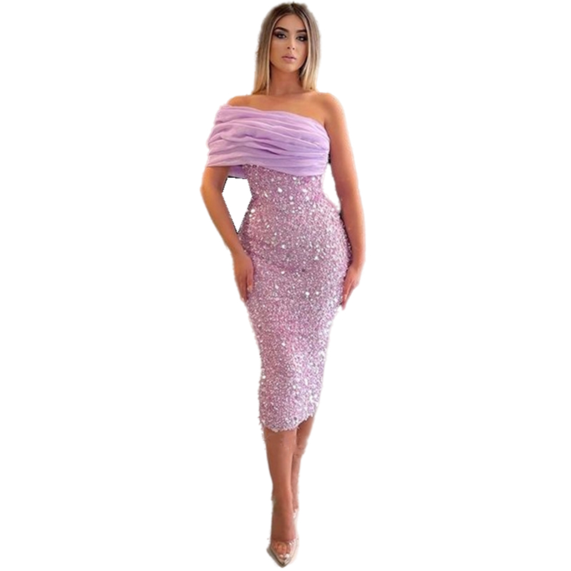 Lilac Sparkly Sequins Beads Evening Dresses One Shoulder Sleeves Tea Length Sheath Prom Party Gowns Glitter Women Cocktail Dress Special Occasion Wear