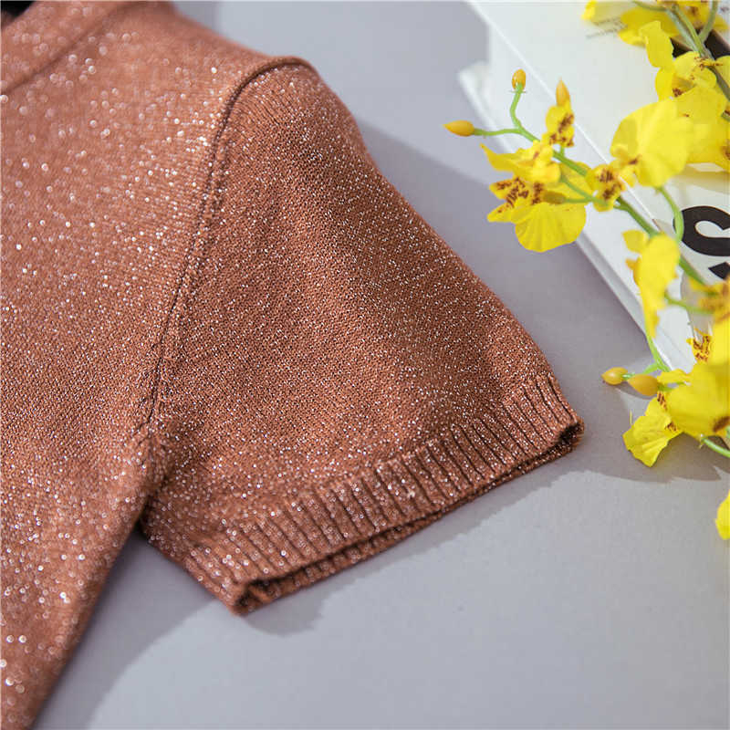 Thin Bright Silk T-Shirt Female Knitted T Women Clothes Short Sleeve Summer Tops Elasticity Tee Femme Camisas Mujer 210615Z