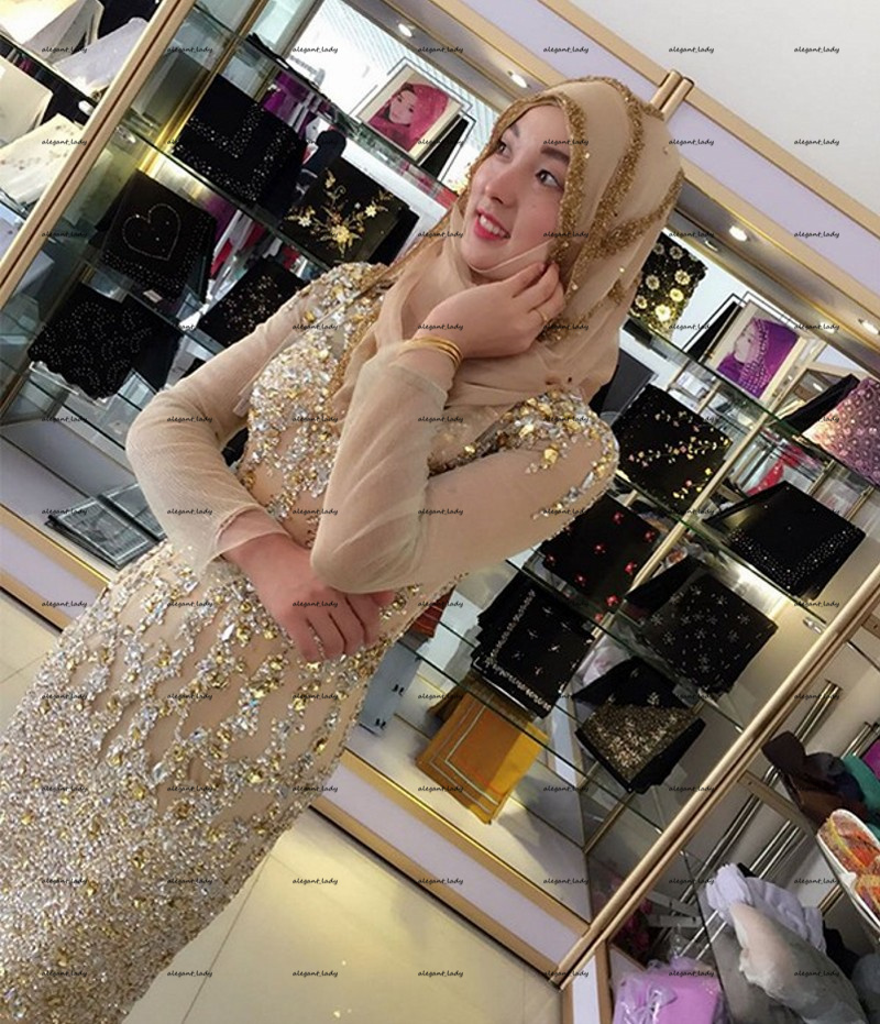 Champagne Beading Muslim Prom Dresses 2022 Shiny Crystal Long Sleeve Arabic Dubai Hijab Mermaid Evening Gowns Vestido De La