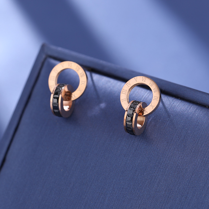 New Trendy Double Circle Roman Numerals Diamond Stud Charm Earrings Stainless Steel Earring