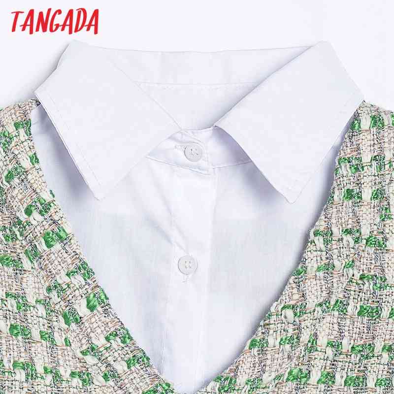 Women Retro Green Plaid Tweed Patchwork Blouse Long Sleeve Chic Female Shirt Tops 6H3 210416