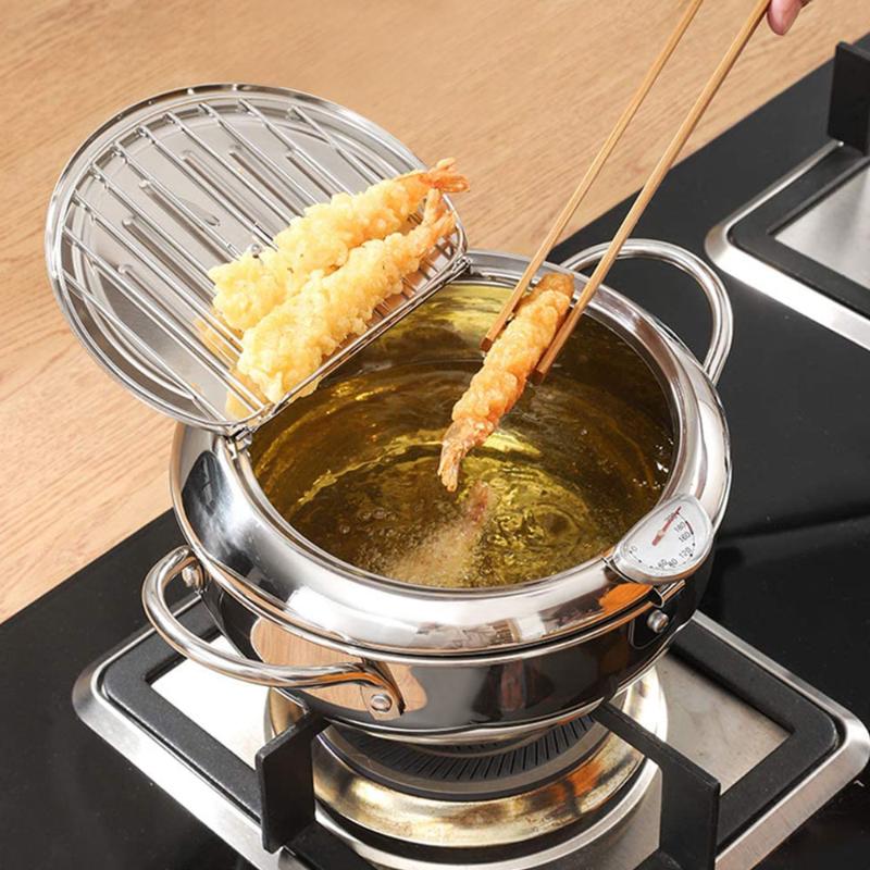 Deep Frying Pot With + Lid 304 Stainless Steel Japanese Kitchen Tempura Fryer Pan 20 24 Cm KC0405 Pans