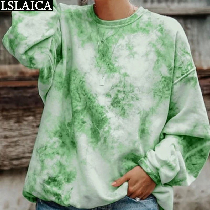 Sweatshirt Tie-Dye Long Sleeve Round Neck Women Sweetshirts Knitted Loose Caual Wlid Streetwear Oversize Moletom Feminina 210520