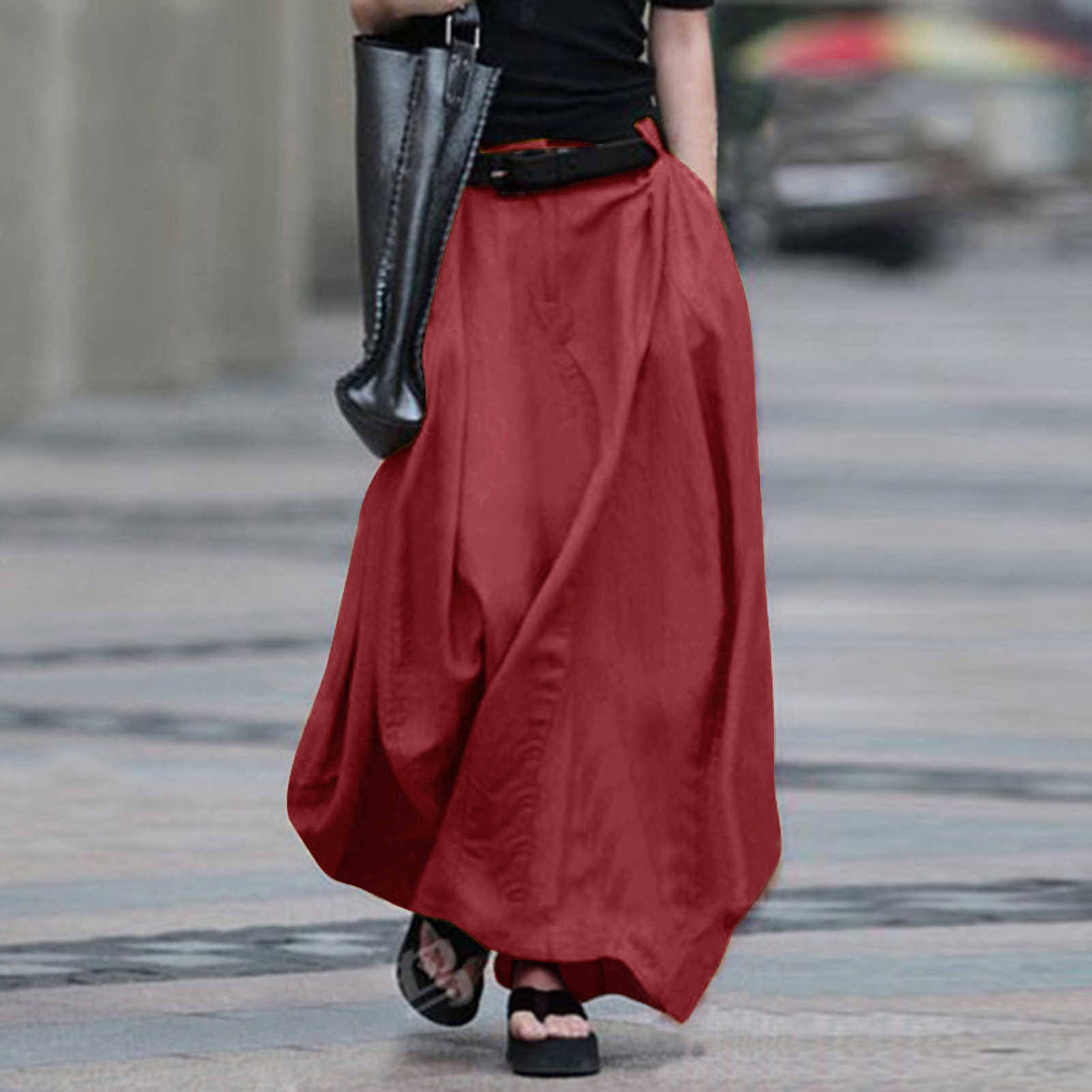 Summer Long Skirt Women Plus Size 5XL Vintage Elastic High Waist Split Hem Pockets Soft Loose Solid A-Line Skirts Femle 210619