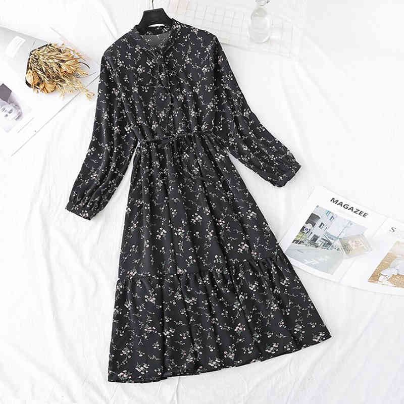 Spring Vintage Printed Dress Women Long Sleeve Bow Casual Chiffon Dresses High Waist Floral A-line Long Dress Female Vestidos 210521