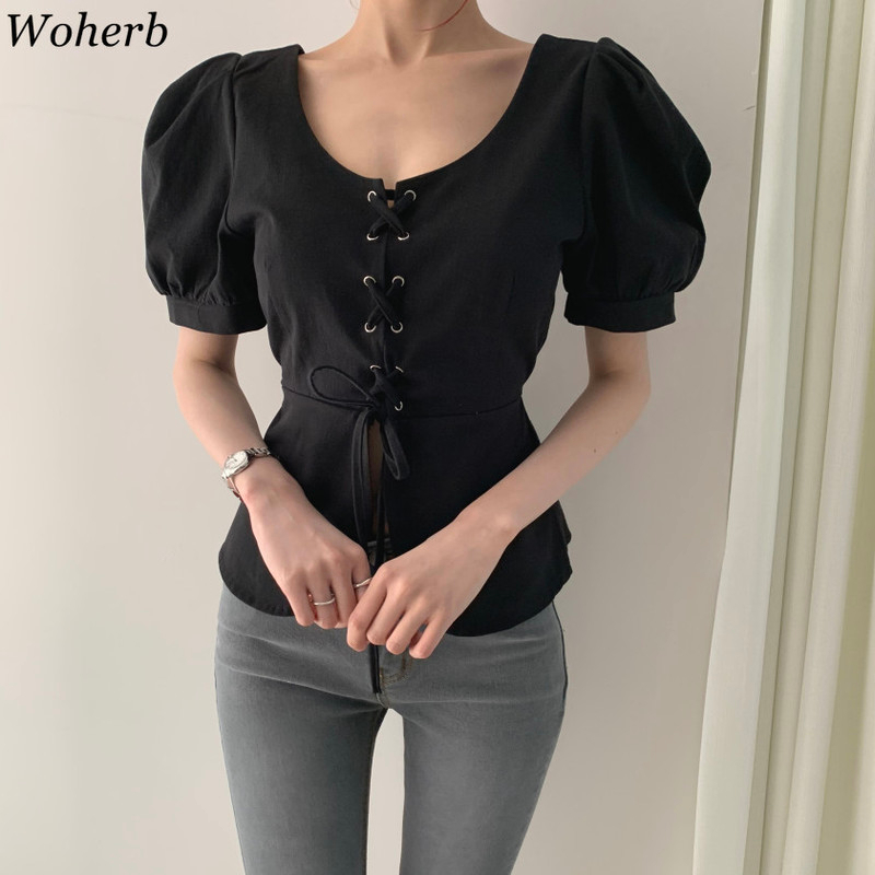 Lace-up O-neck Blouse Women's Summer Slim Fit All-match Puff Short Sleeve Shirts Korean Temperament Solid Color Tops 210519