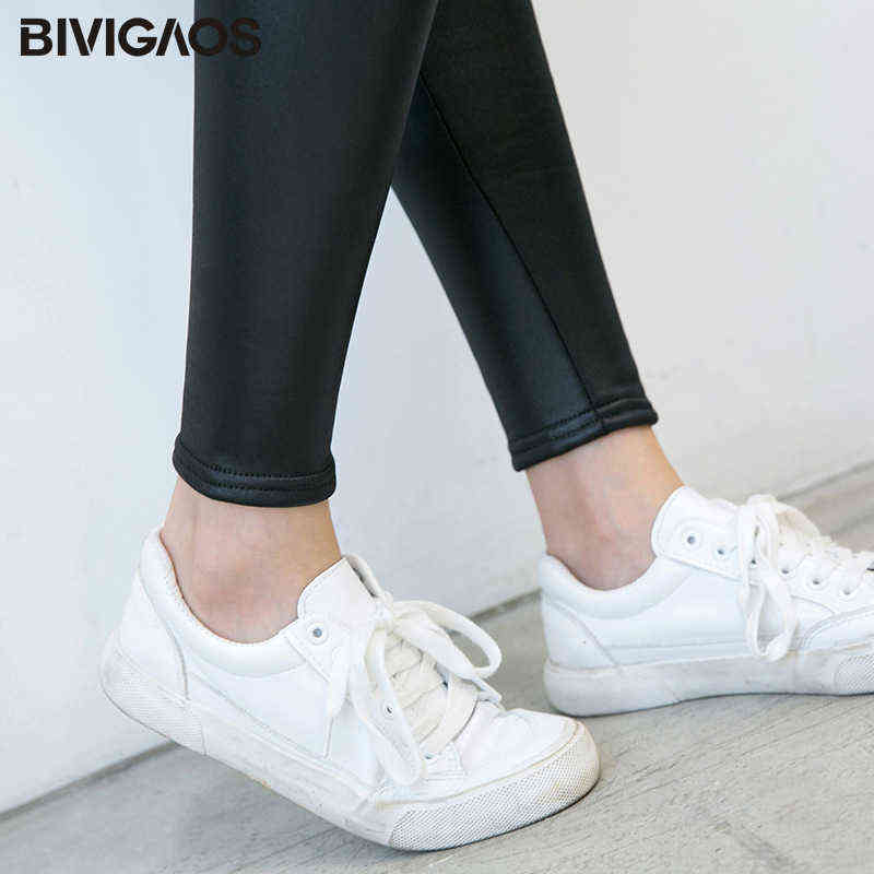 BIVIGAOS Women's Autumn Winter Warm Leggings Black Stretch Faux Leather Velvet Pants Thick 6XL Punk 211204