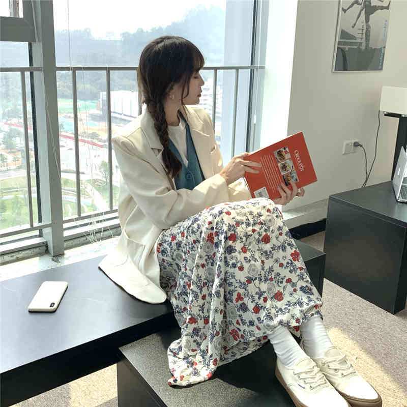 Flowers Gentle Vintage All Match OL Pleated Elegance Retro Printed High Street Women Florals Waist Long Skirts 210421