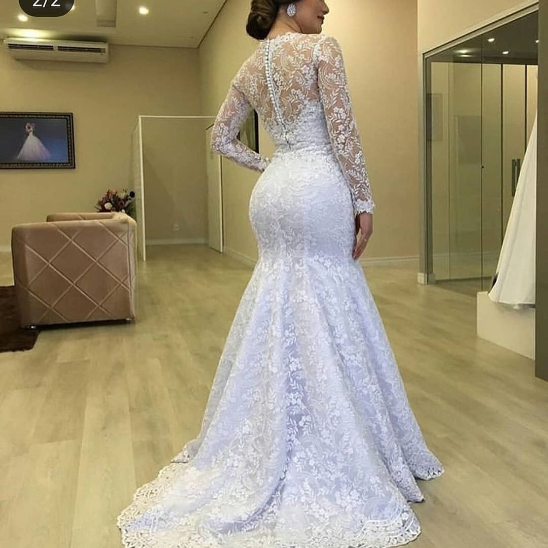Plus Size Mermaid Wedding Dress Elegant Jewel Neck Long Sleeve Bridal Gowns robes de mariée Lace Appliques Bride Dresses