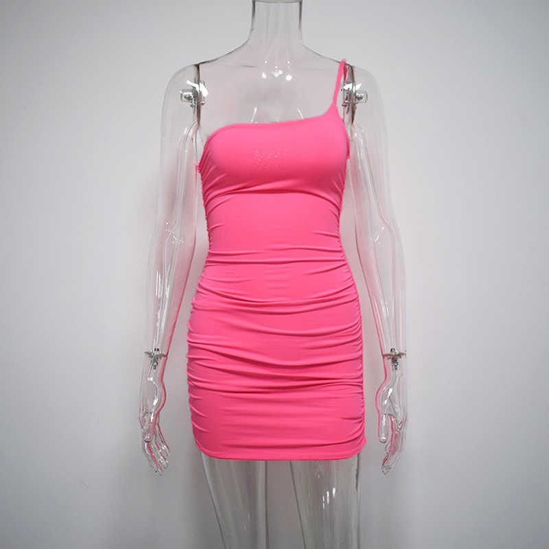 Colysmo Double Layers Neon Green Ruched Dress Summer Spaghetti Straps One Shoulder Sexy Woman Party Night Slim Mini 210527