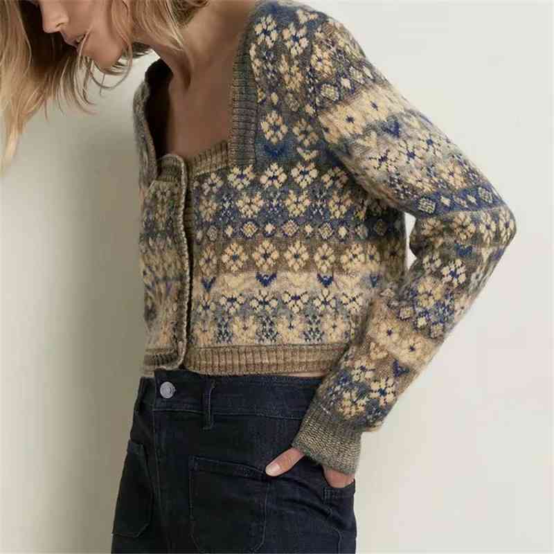 Vintage Women Floral Jacquard Sweater Fashion Ladies Knitted Short Coats Streetwear Female Chic Square Collar Cardigan 210527