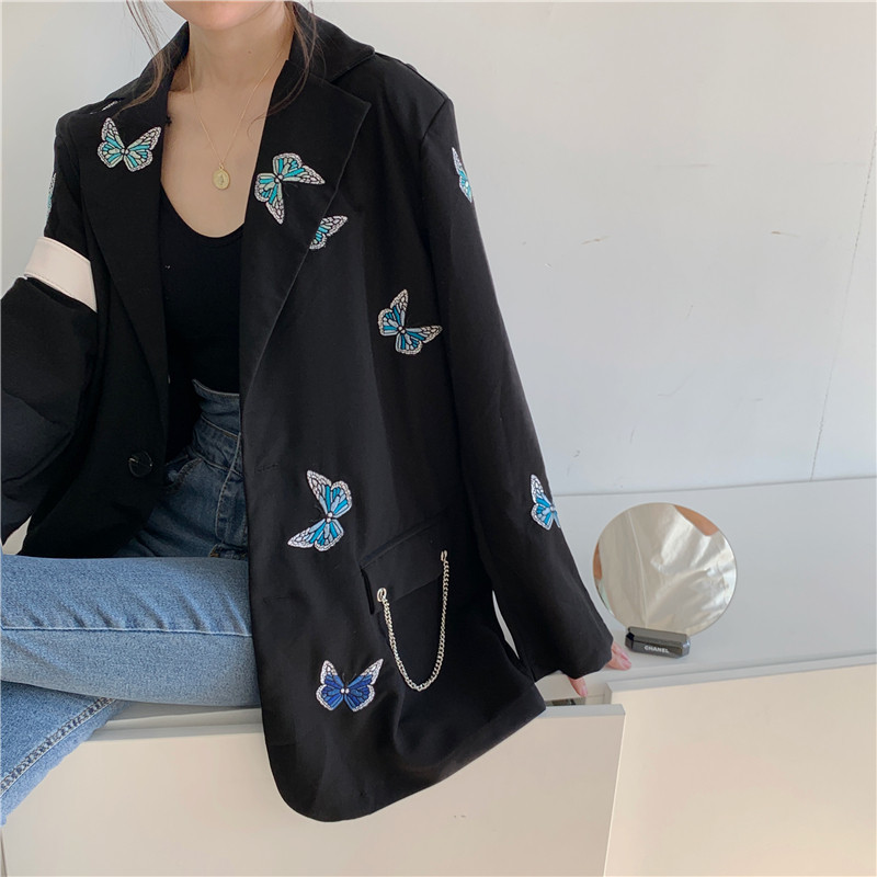 OL Fashion Single-breasted Butterfly Embroidery Blazer Coat Women Elegant Tops Notched Suit Jacket Loose Blazers 210421
