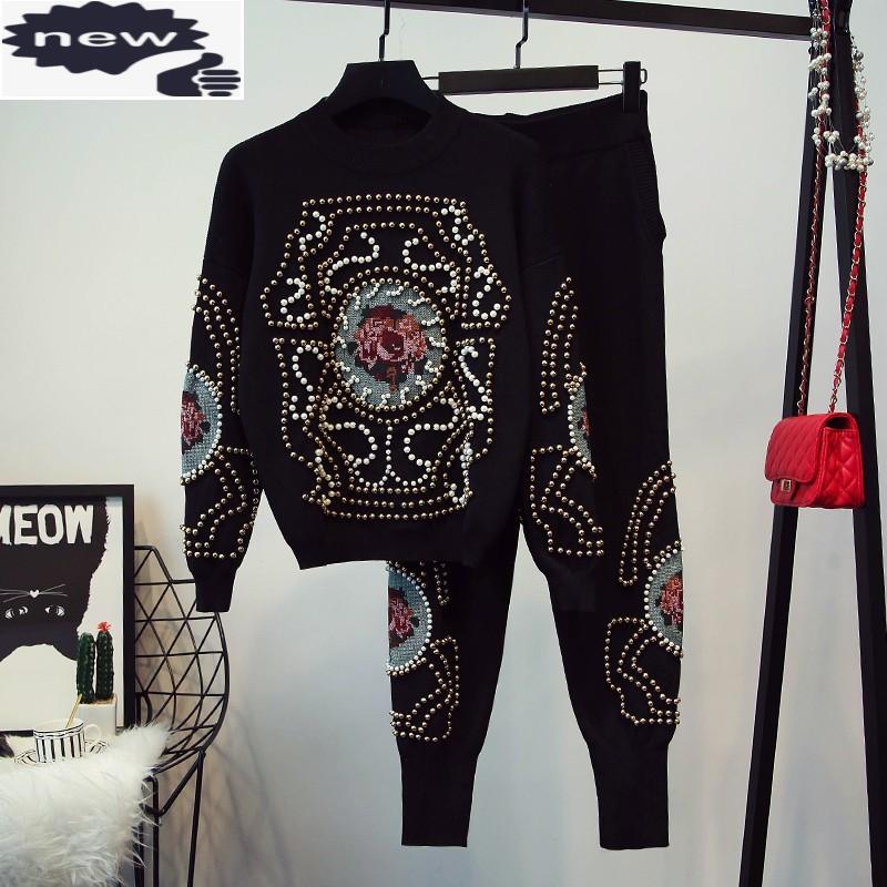 Autumn Women Pearls Beading Knitwear Sweater Top Two Piece Set Floral Embroidery Joggers Sweatpants Tracksuit Casual Outfits Women' Pants, Black
Autumn Women Pearls Beading Knitwear Sweater Top Two Piece Set Floral Embroidery Joggers Sweatpants Tracksuit Casual Outfits Women' Pants, Black