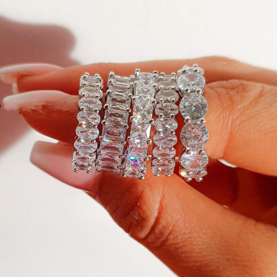 Ins Top Sell 10 Styles Wedding Ring Sparkling Luxury Jewelry 925 Sterling Silver Multi Shape White Topaz CZ Diamond Eternity Party Women Engagement Ba