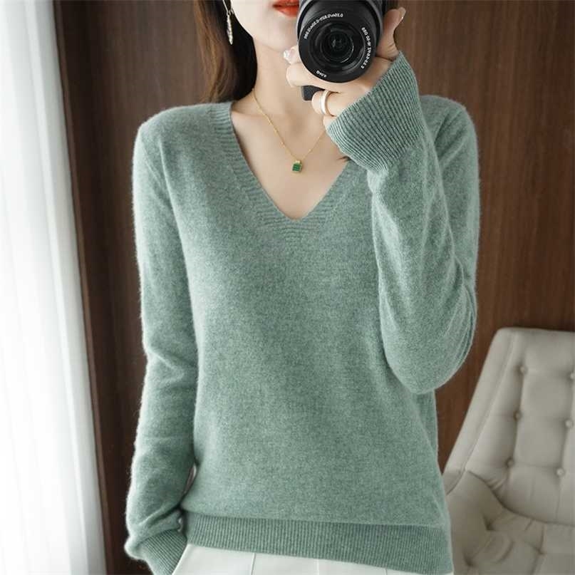 Autumn Winter Cashmere Sweater Women Keep Warm V-neck Pullovers Knitting Fashion Korean Long Sleeve Loose Tops 211011Z