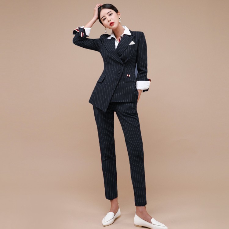 Business Women 2 Piece Pant Set Autumn Winter single-breasted Striped Blazers coat + Office OL Ladies Pencil Trousers Suit 210519