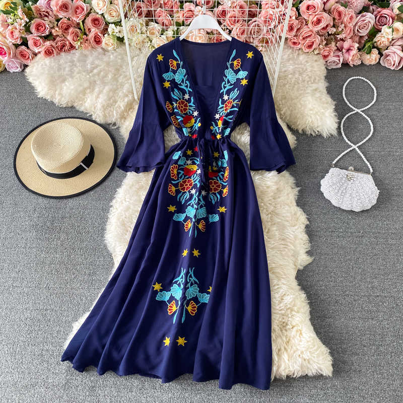 LY VAREY LIN Spring Summer Women V-neck Embroidery Midi Dresses Casual Flare Sleeve Bohemian Female 210526