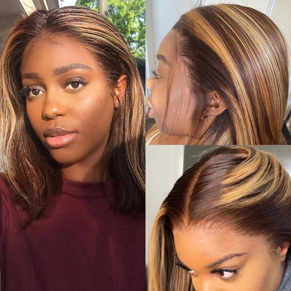 Brown Highlight blonde Human Hair bob HD Transparent Lace Wig For Women Short Bobs Straight Front Wigs 360 frontal Prepluck Hairline 150%density full 