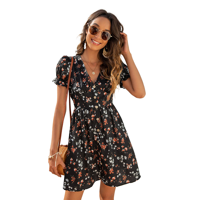 Women's Dress Digital Printed V-neck Mini Skirt Puff Sleeve Single-Breasted Women's Beach Sun Dress Party Dress, Black
Women's Dress Digital Printed V-neck Mini Skirt Puff Sleeve Single-Breasted Women's Beach Sun Dress Party Dress, Black