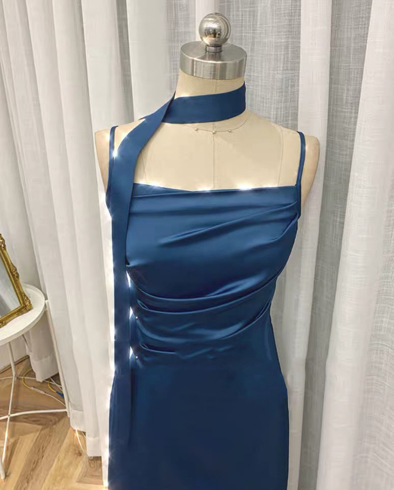 summer holiday navy blue satin ruched spaghetti strap midi dress casual daily beach dresses robe mujer femme chic vestido 210421