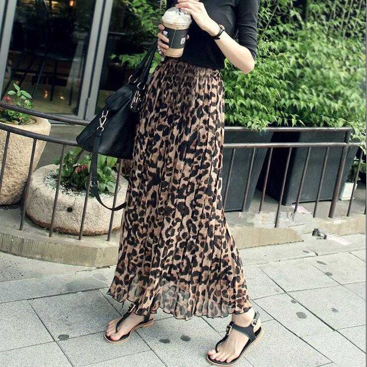 Qooth Summer Autumn Women Long Leopard Skirt Elastic Waist Chiffon Pleated s Casual Maxi Beach Printed DF650 210619