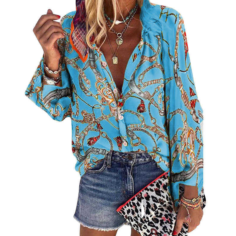 Women's Blouses Plus Size Women Blouse V-neck Long Sleeve Chains Print Loose casual Shirts Womens Tops And Blouses