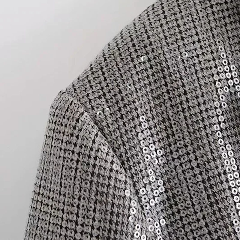 Women Elegant Houndstooth Sequins Decoration Long Sleeve Single-Breasted Slim Check Coat Office Work Lattice Suit Jacket 210520