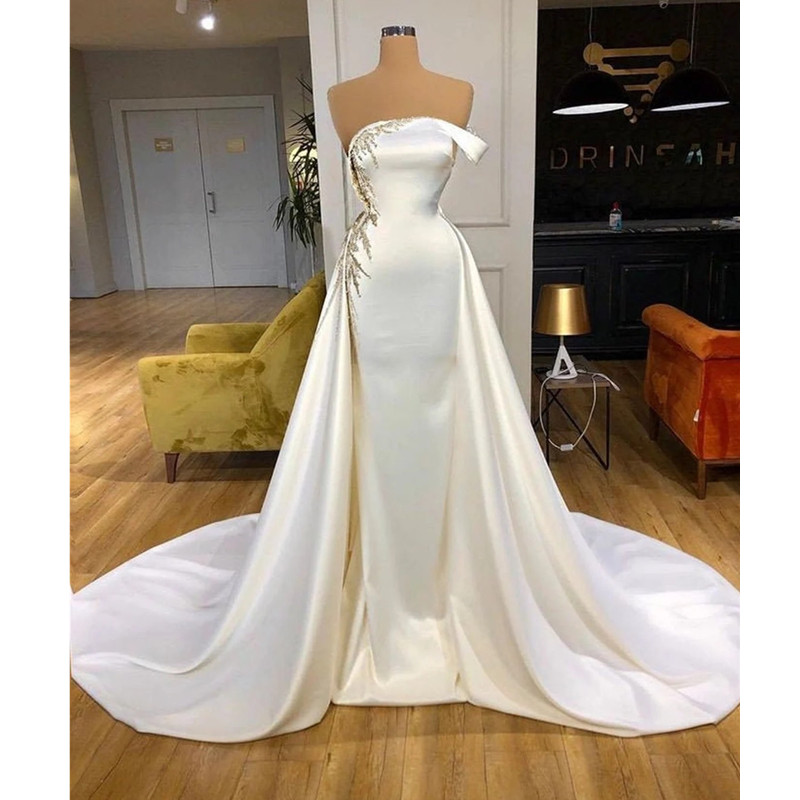 Mermaid Satin White Overskirts Prom Dress Beading Sequined One Shoulder Appliqued Evening Dresses With Detachable Train Pageant Party Gowns Es 0218