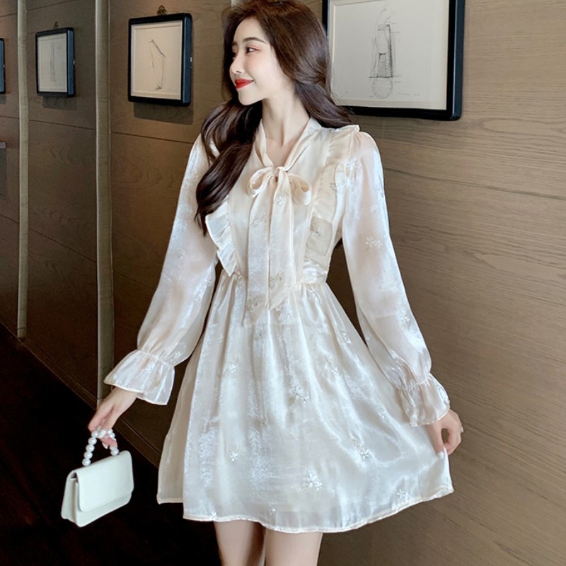 Spring Temperament Fashion Ruffles Satin Dress Vestidos Female Retro Elegant Bow Tie Flare Sleeve Mini 210519