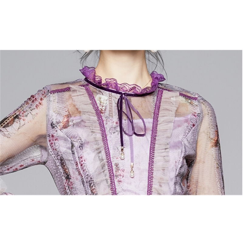 Spring Elegant Lace Mesh Print Dress Women's Ruffles Female Long Sleeve Big Swing Vestidos 210520