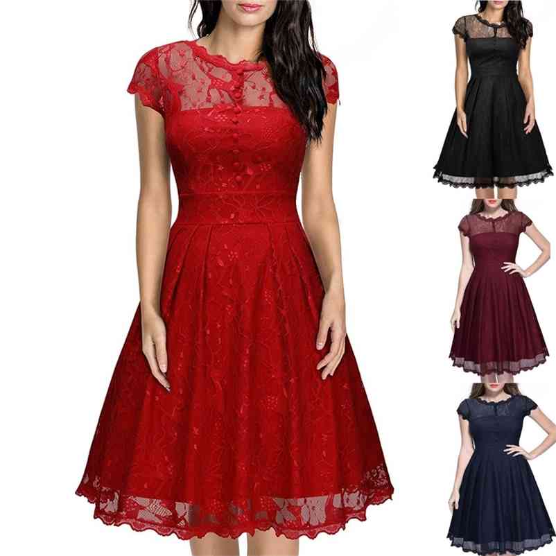 MISSJOY Vestido de festa Dress Button Backless Women Vintage Rockabilly Swing Elegant Bridesmaid A-Line Party White Lace Dress 210331Z