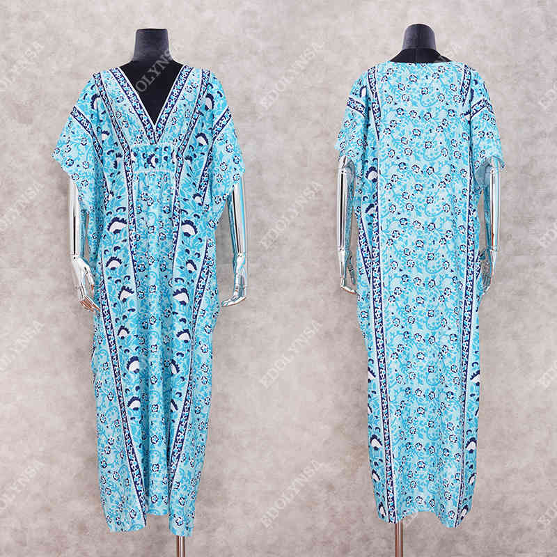Quick-drying Bohemian Printed Summer Women Beachwear Kaftan Cover-ups Beach Midi Dress Cotton Tunic Swim Wear Cover Up Q921 210420