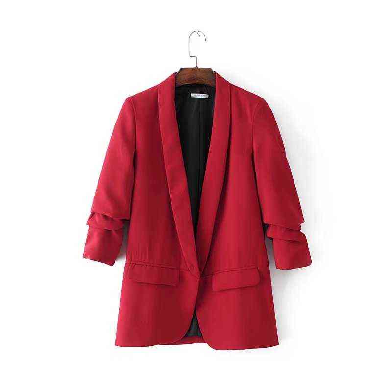 Bella Philosohy Spring Fashion Red Blazer Women OL Puff Sleeve Workwear Coat No Button Three Quarter Ladies Outwears 211122