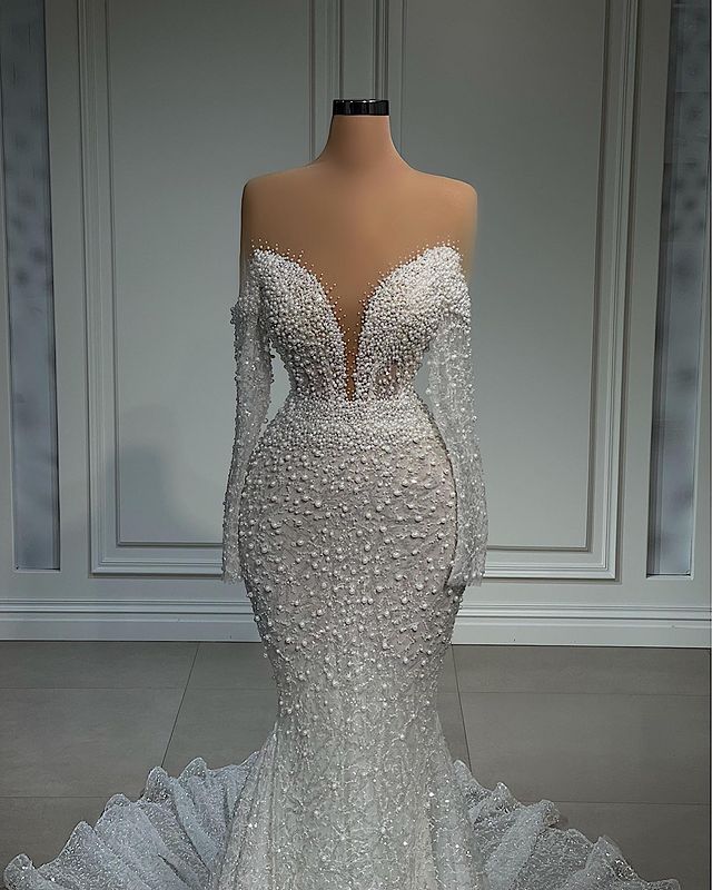 2025 Plus Size Aso Ebi Mermaid Wedding Dress with Beaded Pearls & Lace