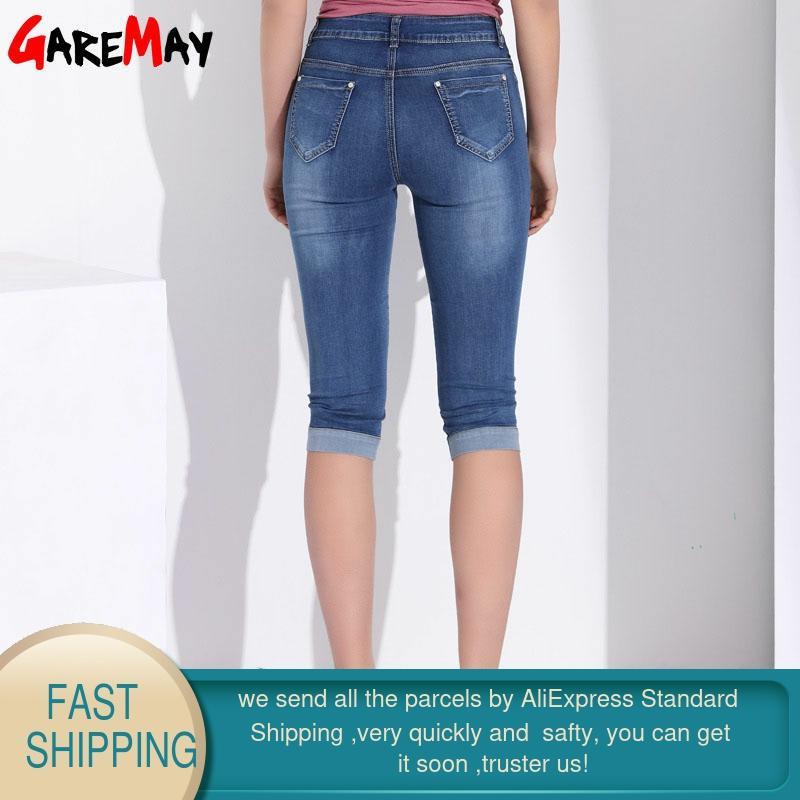 Denim Capri Skinny Jeans Woman Stretch High Waist Plus Size Short Pants For Women Summer Clothing GAREMAY 210428