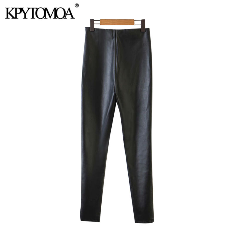 Women Chic Fashion PU Faux Leather Skinny Pants High Waist Side Zipper Stretchy Slim Female Ankle Trousers 210420