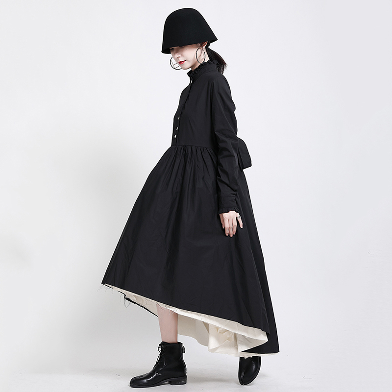 [EAM] Women Black Irregular Stitch Long Dress Stand Collar Long Sleeve Loose Fit Fashion Spring Autumn 1DA980 21512