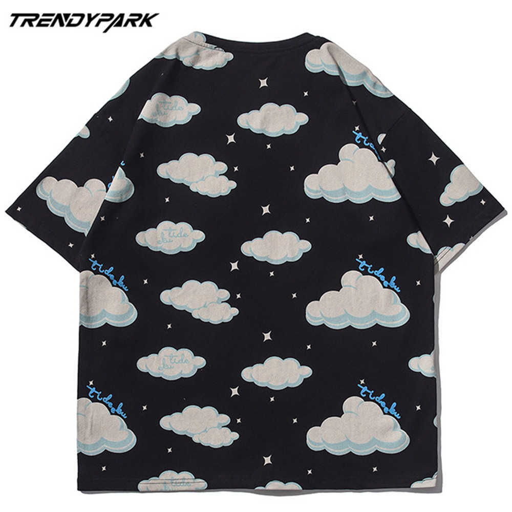 Men's T-shirt Summer Short Sleeve Cute Clouds Printed Tee Hip Hop Oversized Cotton Casual Harajuku Streetwear Tshirts 210601