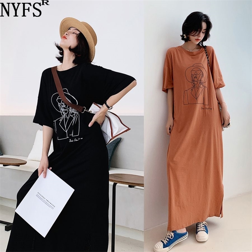 NYFS Summer Dress New Loose large size short sleeve Extra Long Dress Vestidos Robe Elbise Fashion print Korean Woman Dress 210409