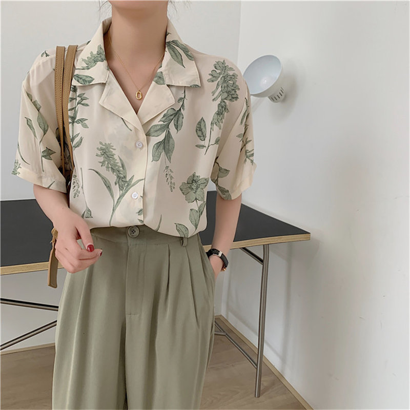 Summer Short Sleeves Casual Vintage All Match Comfortable Femme Lapel Chic Loose High Street Clothe Tops Shirts 210421